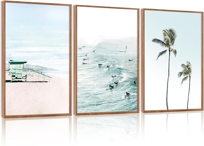 CHDITB Coastal Framed Canvas Wall Art, Beach Surfing Posters, Neutral Palm Tree Ocean Decor, Summer Vacation Artwork Tropical Seaside Painting for Home Living Room Coastal Bedroom 24"x36"x3