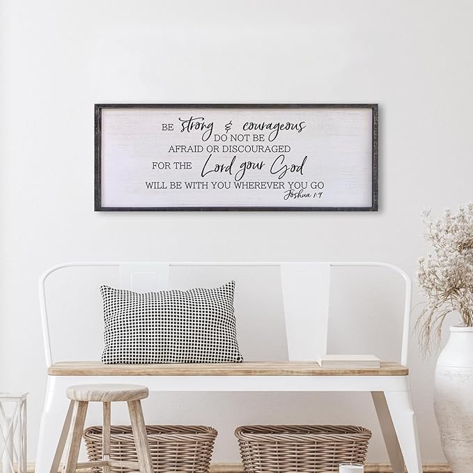 Be Strong And Courageous Sign Wall Decor 40"x15" Large Farmhouse Living Room Plaque Joshua 1:9 Bible Verse Inspirational Quote Positive Faith Home Hanging Rustic Catholic Scripture Christian Art (Black)