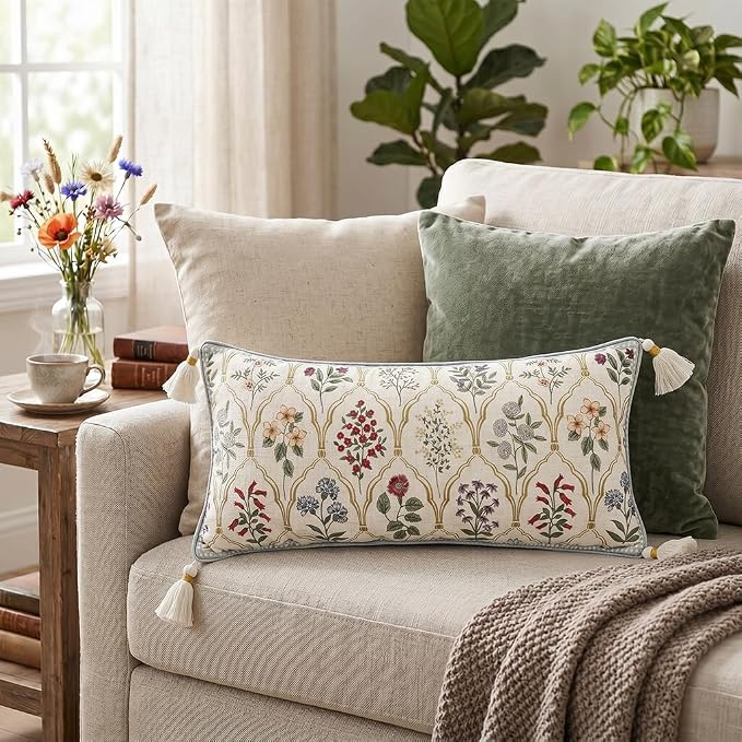 ISAENNE Designer Linen Throw Pillow Cover,Set of 2,28"x12"-Serenity B | French Elegant Rectangle Decor Pillow Cover,Concealed Zipper Design,Colorful Floral Pattern,Sofa,Bedroom,Living Room,Chair