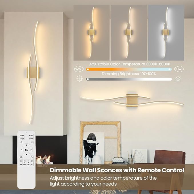 Modern LED Wall Sconce Set of Two with Remote Control, 40" Dimmable Wall Sconces Lighting Set of 2, Gold Wall Light with Timer, LED Wall Lamp Indoor for Bathroom Living Room Bedroom Corridor