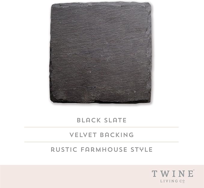 Twine Square Slate Coasters, Modern Square Coasters, Slate with Velvet Backing, Protect Tables and Surfaces, Black, Set of 4