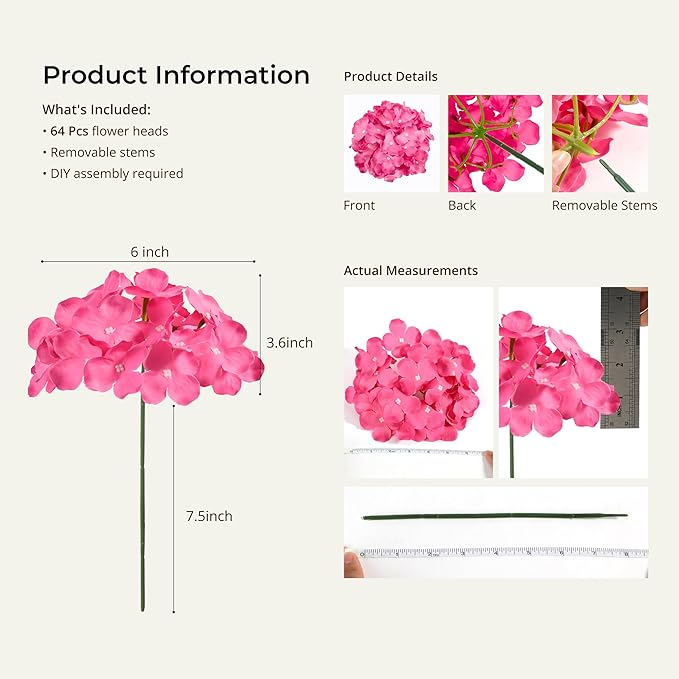 Auihiay 64pcs Hydrangea Artificial Flowers, Rose Red Artificial Hydrangea Flowers, Silk Hydrangea Heads with Stems for Garden, Home Party Baby Shower DIY Wedding Centerpiece (Rose Red)
