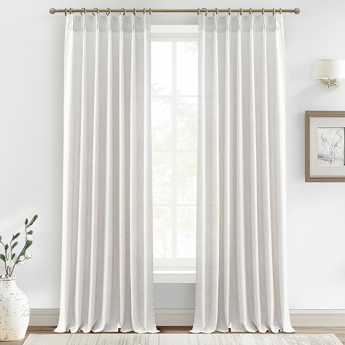 Pinch Pleated Extra Long 132 Inch High Ceiling Luxury Curtains for Living Room 2 Panels Set, Cottage Core Natural Linen Beige White Semi Sheer Drape Light Filtering for 11FT Large Window Curtain Ivory