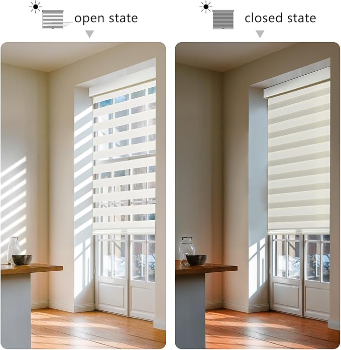 AOSKY Cordless Zebra Blinds for Windows Pull Down Roller Window Shades Dual Layer Light Filtering Privacy for Day and Night, Free-Stop Door Shades for Home Easy to Install (35.5" W X 72" H，White)