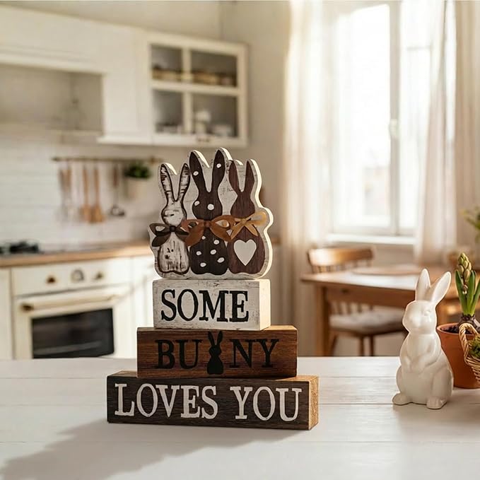 Smile Wooden Easter Decoration Sign - "Some Bunny Loves You" Wooden Block Stack Decor, 3-Tiered Rustic Blocks with Bunny Silhouette Topper for Easter & Spring Tabletop Display