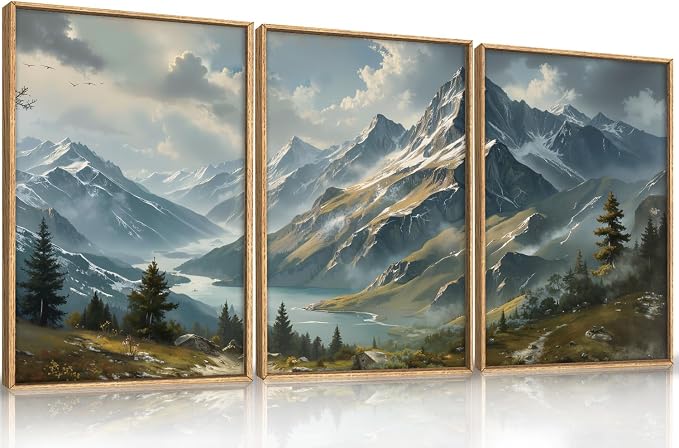 Nature Mountain Ridge Framed Canvas Wall Art Set, Boho Forest Landscape Wall Decor, Misty Woodland Cloud Wall Painting, Modern Pine Tree River Art Print for Living Room, Bedroom, Office -16"X24"X3
