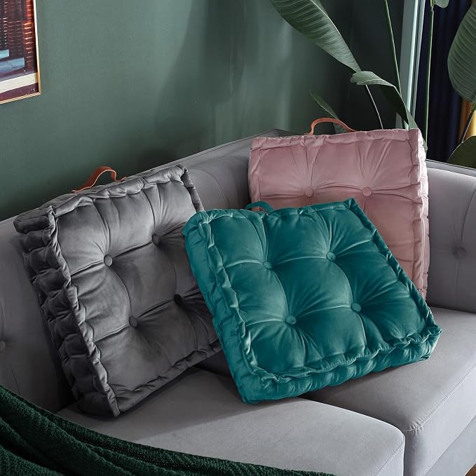 vctops Square Solid Color Velvet Seat Cushion with Handle Tufted Thicken Chair Pad Tatami Floor Pillow Cushion 16.5"x16.5"x4" Blue
