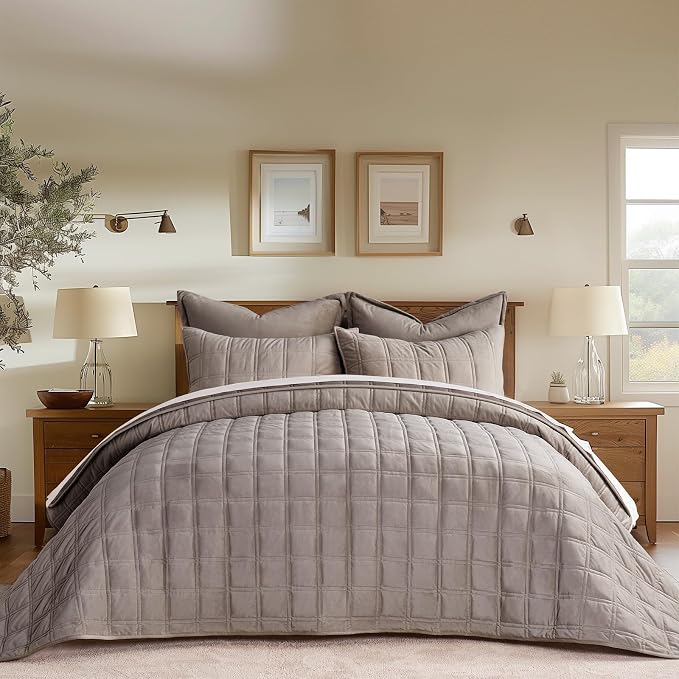 EverGrace 3 Pieces Luxurious Velvet Quilt Queen Size, Ultra Soft Bedspread Coverlet Set, Double Box Stitch Lightweight Velvet Comforter for All Season with 2 Shams, Truffle Taupe, 92"x96"