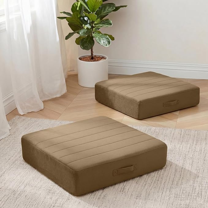 MeMoreCool Square Floor Pillows for Adults Kids, 2 Sets Large Meditation Cushion with 5" Thick Foam and Washable Tufted Cover, 24 Inch Coffee Seat Floor Cushions for Sitting and Yoga