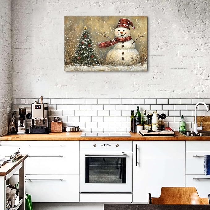 Vintage Christmas Wall Decor Christmas Tree Snowman Wall Art Pine Trees Botanical Snow Scene Winter Landscape Picture for Living Room Entryway Cabin Home Decoration Xmas Festival Holiday Artwork 20x30