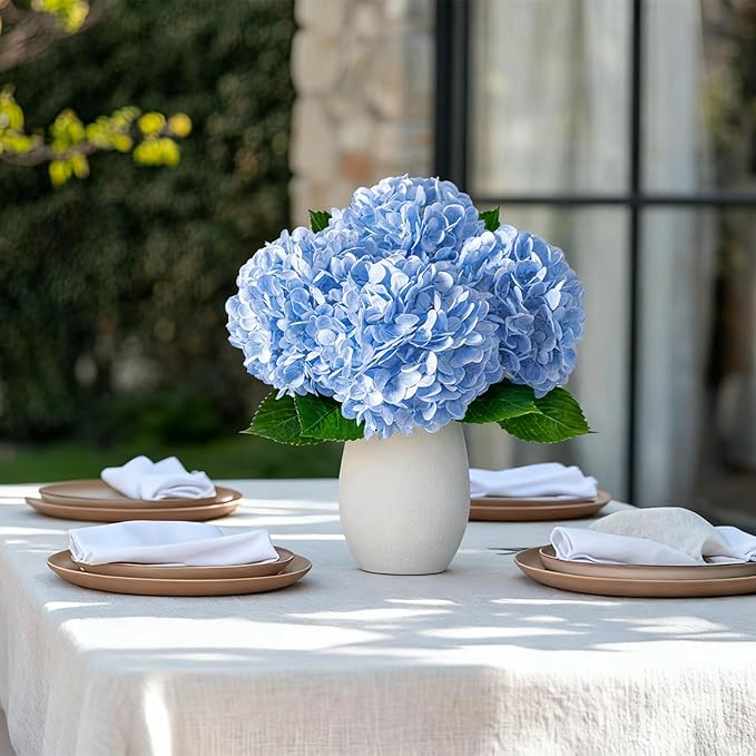 4 Pcs Artificial Hydrangea Silk Flowers with Stems, 19.7" Blue Faux Hydrangeas Bouquet, 240 Petals, UV Resistant & Waterproof Fake Flower for Outdoor Wedding Home Decor