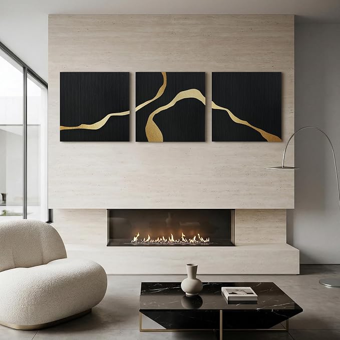 3-Piece Black Abstract Canvas Wall Art Set, Modern Minimalist Wall Decor | Textured Oil Painting Triptych for Living Room Bedroom Office Dining Room, Contemporary Hand-Painted Wall Art,30x30 In Each