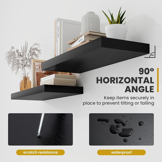 Acovy 72 Inch Floating Shelves, 9.3" Deep Floating Shelf Wall Mounted, 72" Wall Shelves, Rustic Deep Bookshelf, Large Display Shelves & Storage Shelves for Bedroom, Living Room, Black, Set of 2