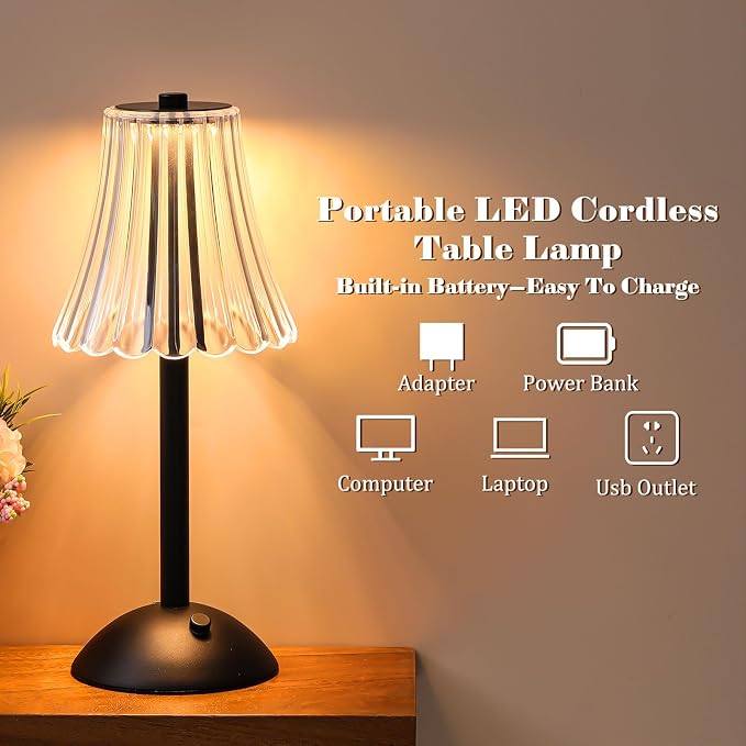 Liliful 1 Pcs Cordless Table Lamp Rechargeable Touch LED Small Gold Portable Battery Operated USB-c Desk Lamp 3 Color Dimmable for Bedroom Living Room Dining (Black,Rose Style)