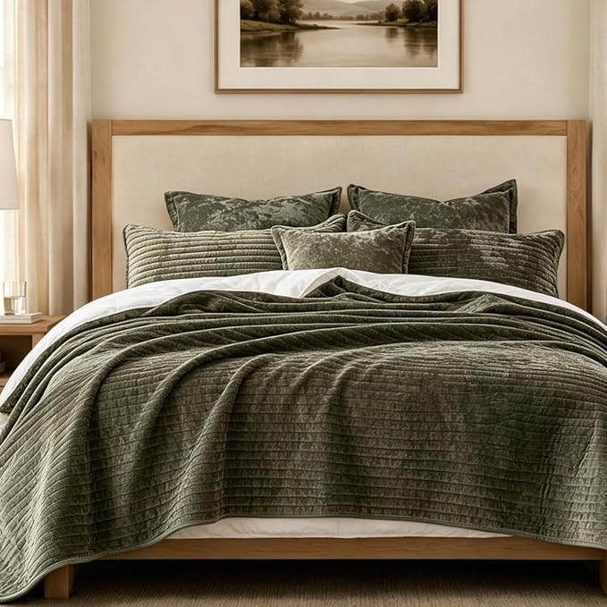 Luxury Velvet California King 106x118 in Quilt Set 3 Piece Quilted Bedspread with 2Pillow Shams(20x36) Ultra Soft Coverlet All Season Bedding for Farmhouse Modern Bedroom Sofa,Army Green
