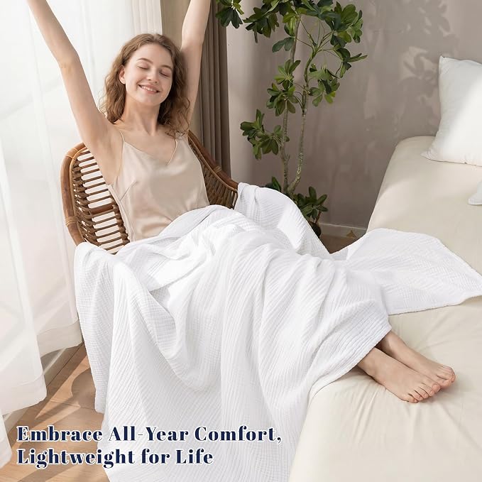 PHF 100% Cotton Muslin Throw XL Blanket Large 50" x 70", 4-Layer Lightweight Gauze Throw, Breathable Cloud-Soft Minimalist Blanket for Bed, Couch, Camping & Baby, White, Ideal Gift