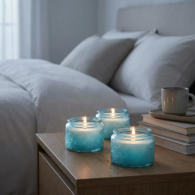 4 oz Blue Mandala Glass Candle Jars with Bamboo Lids, 18 Pack | Patented Embossed Design, Includes Wick Centering Devices & Warning Labels, Multiple Color Options