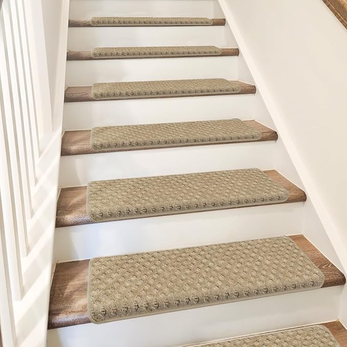 PURE ERA Bullnose Carpet Stair Treads Set Tape Free Non-Slip Indoor Stair Protectors Pet Friendly Rugs 9.5" x 30"(2 Pieces,Khaki Mini-Diamond Trellis)