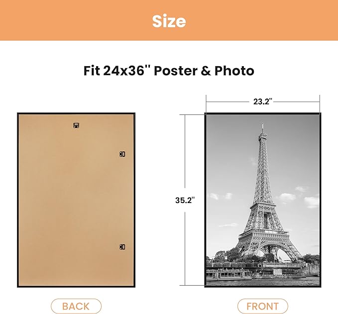 upsimples 24x36 Poster Frame Black 3 Pack, Scratch-Proof Picture Frames 24 x 36 for Photo Gallery - Slide-In Strips, Horizontal or Vertical Wall Mounting