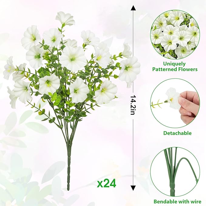 Ouddy Decor 24 Bundles Artificial Flowers for Outdoors, Fake Petunias Flowers Silk Morning Glory with Eucalyptus Faux Plants for Indoor Outside Spring Summer Yard Garden Porch Home Decor, White