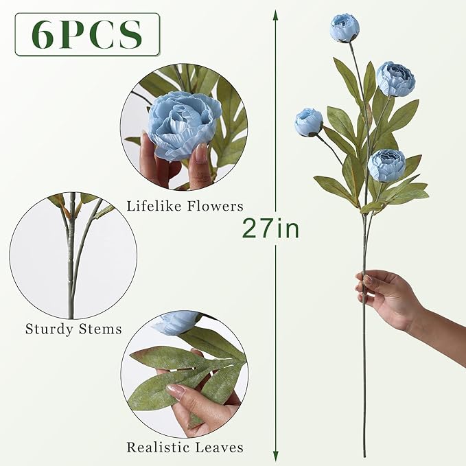 VIERENA 6 Pcs Faux Silk Peony Artificial Flowers for Vase -27", Bulk Fake Peonies Branches with Stems for DIY Bouquet Centerpieces Wedding Fillers Arrangements Shower Decorations (Dusty Blue)