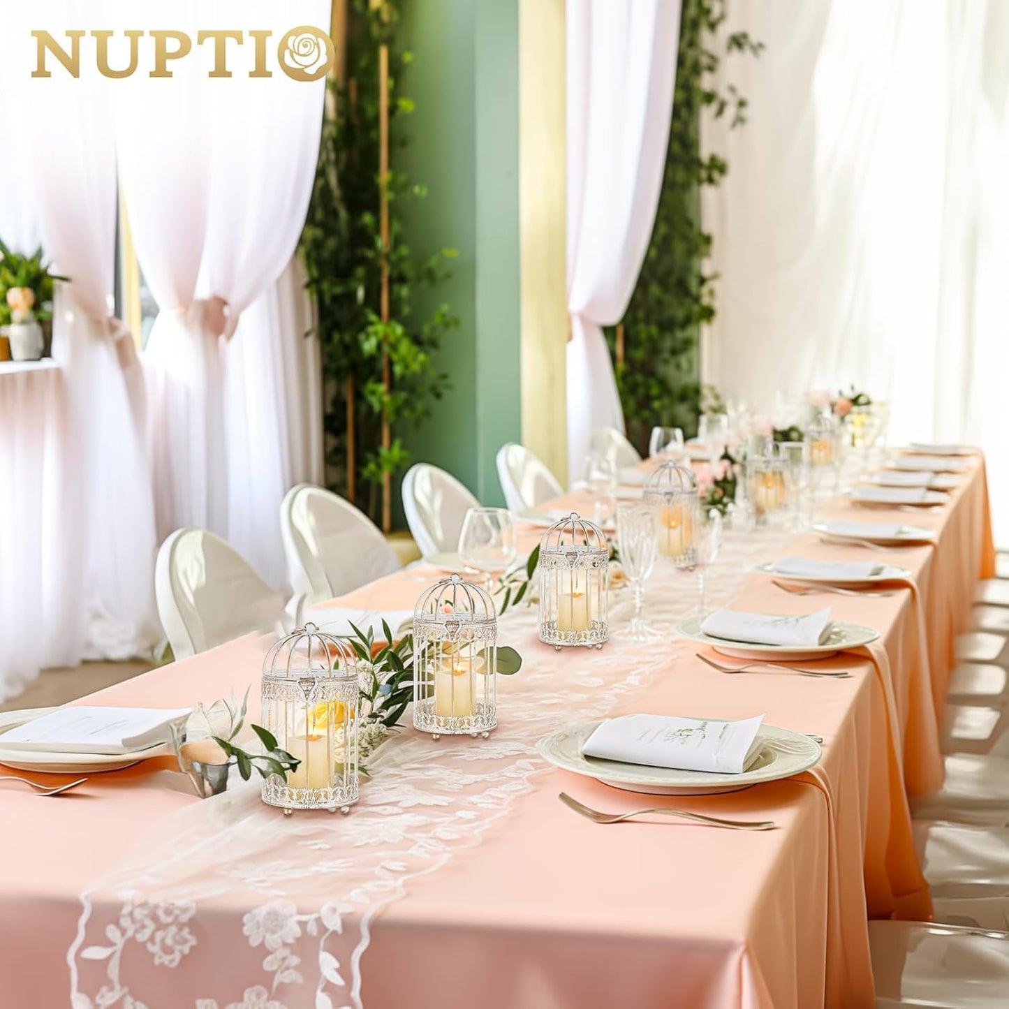 NUPTIO Candle Holders for Pillar Candles: 2 Set of 7.7 inch H Antique White Bird Cages Lantern Wedding Centerpiece Small Metal Hanging Pillars Holder for Bridal Shower Party Table Decorations