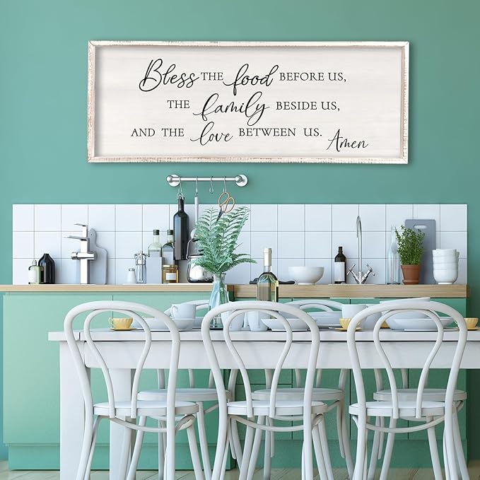 Surfapans Bless the Food Before Us Wall Decor, 32"X12" Farmhouse Dining Room Family Kitchen Sign, Christian Bible Verse Scripture Vintage Home Framed Wood Wall Art (White)
