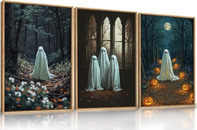 Ausril Vintage Halloween Cute Ghost Framed Wall Art Set, Scary Forest Pumpkin Wall Decor, Horror Moon Night Wall Painting, Gothic Spooky Art Print for Living Room, Bedroom, Party, Basement -24''×36''×3
