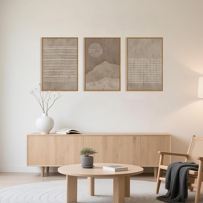 Large Mid Century Tan Beige Framed Canvas Wall Art,Neutral Geometric Lines Dots Shapes Wall Decor,Abstract Boho Sunset and Mountain Artwork for Living Room,Bedroom,Office-16 x24 x3