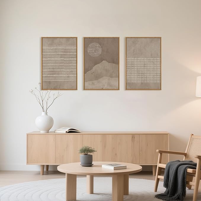 Large Mid Century Tan Beige Framed Canvas Wall Art,Neutral Geometric Lines Dots Shapes Wall Decor,Abstract Boho Sunset and Mountain Artwork for Living Room,Bedroom,Office-24 x36 x3
