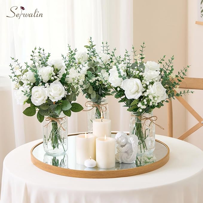 Serwalin 60 Pcs Mixed Eucalyptus Greenery Stems, White Silk Roses and Babys Breath Artificial Flowers for DIY Wedding Bouquets Home Party Arrangement Floral Vase Decor