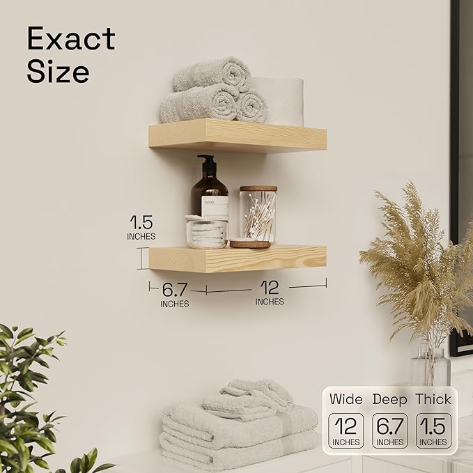 Wood Floating Shelves for Wall 12 Inch, Natural Wood, Small Wooden Shelf | Solid Wood, Wall Mounted, Bathroom Kitchen Bedroom Rustic Farmhouse, Light Oak Finish, 12W × 6.7D, Set of 2