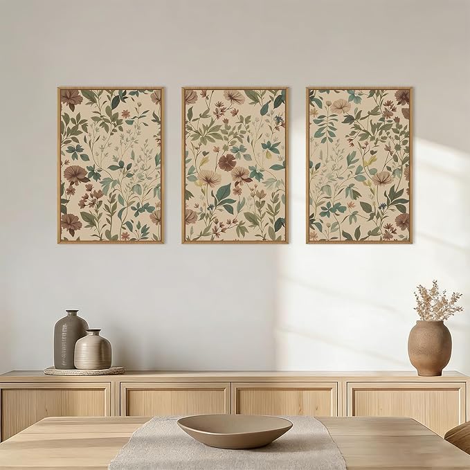 Vintage William Morris Botanical Wildflower Framed Canvas Wall Art Set,Minimalist Neutral Taupe Muted Floral Wall Decor,Boho Nature Botanical Artwork for Living Room,Bedroom,Farmhouse-16"x24"x3