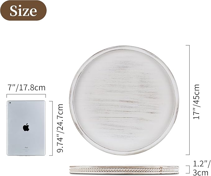 Hanobe Large Round Decorative Tray: 45cm White Coffee Table Beaded Tray Circle Rustic Big Wood Trays Decor Farmhouse Ottoman Vintage Centerpiece Serving Home for Counter