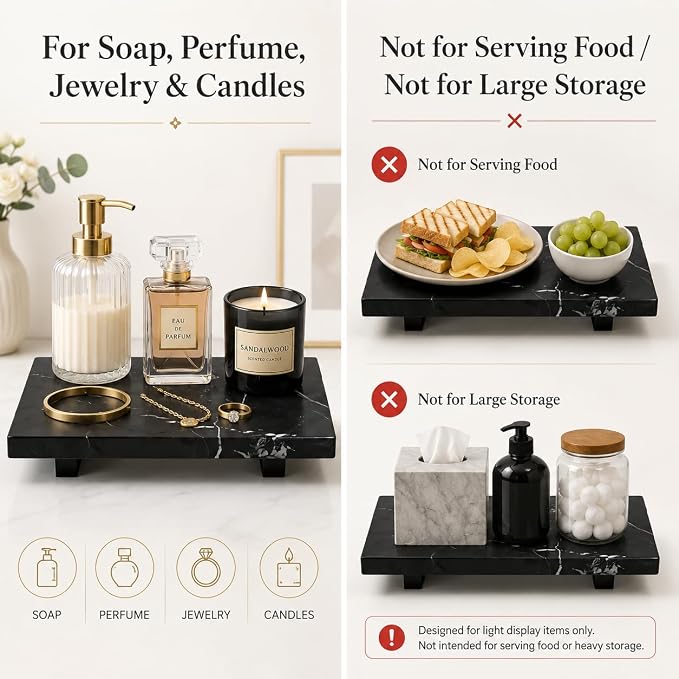 Small Black Marble Soap Dispenser Pedestal Tray 9.84 in | Stone Pedestal Tray for Bathroom Counter, Vanity Riser for Perfume, Jewelry, Candles and Dresser Decor