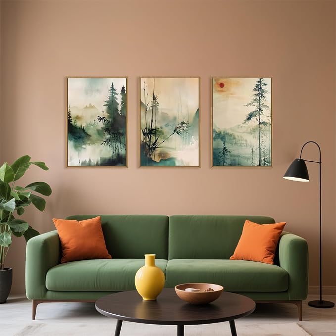 Chinoiserie Nature Framed Canvas Wall Art Set, Mountain and Forest Landscape Painting, Natural Bamboo Pine Tree Lakes Wall Decor for Living Room, Bedroom, Dining Room, Office-16 x24 x3