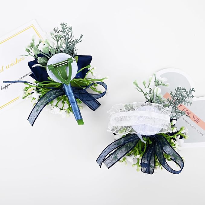 MAFELOE 2 Pieces Homecoming Party Prom Artificial Wrist Corsage and Boutonniere Set, Groom Groomsmen Bride Bridesmaids Wedding Simulation Flowers Accessories - Navy Blue