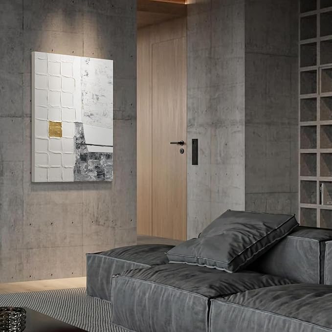 Modern Textured Abstract Blocks Wall Art, Gray White Oil Painting Artwork | Minimalist Neutral Hand-Painted Canvas Wall Art, Large Vertical Wall Decor for Living Room Bedroom 24x36 Inch, Ready to Hang