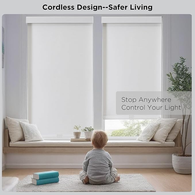 Joydeco 100% Blackout Roller Shades (Pro), Free-Stop Cordless Blinds for Windows, UV Protection, Natural Woven Blinds for Home and Office, Light-Proof Aluminum Cover (35" W x 75" H, White)