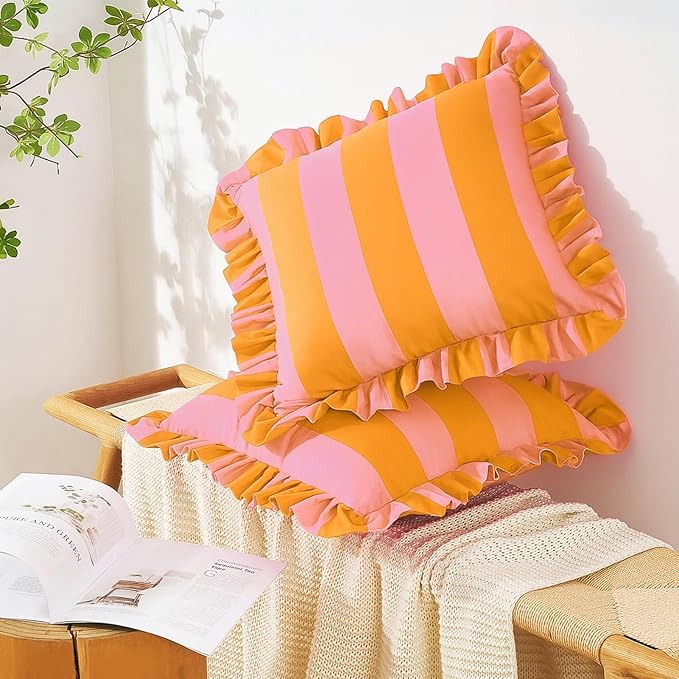 MONDAY MOOSE Decorative Throw Pillow Covers, Set of 2 Water-Resistant Striped Design with Ruffle Edge for Outdoor/Indoor Use, Pillow Inserts Not Included (16x16 inch, Light Pink/Honey)