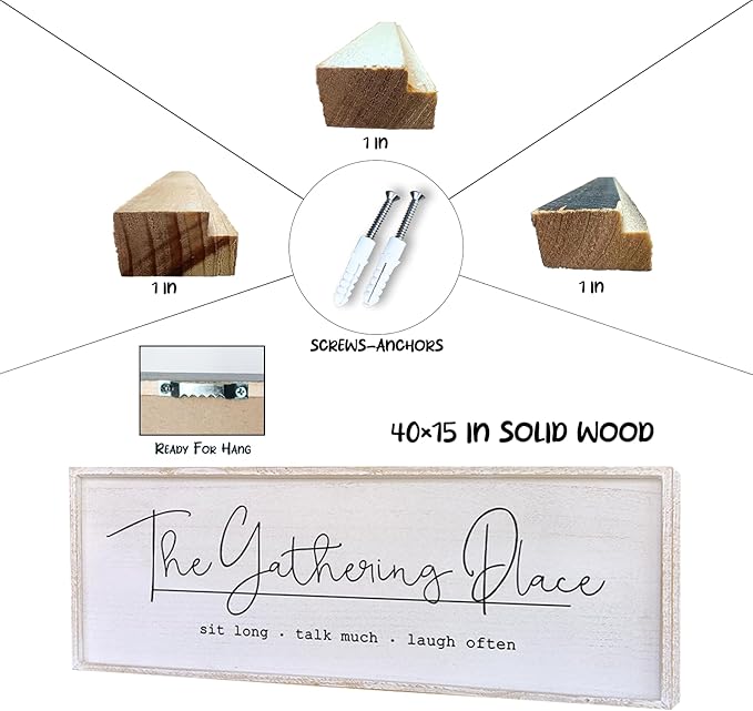 The Gathering Place Wall Decor Sign 40"x15" Large Family Dining Room Vintage Wooden Framed Country Farmhouse Simple And Rustic Hanging For Kitchen Home Wall Art Decoration (White)