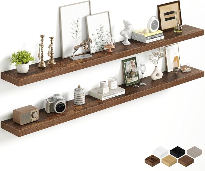 Fun Memories 72Inch Long Floating Shelves, 8 Inch Deep Shelves for Bedroom|Living Room, Wall Mounted Wood Hanging Shelf with Invisible Brackets for Fireplace Mantel Home Storage Decor, Brown - 2 Pack