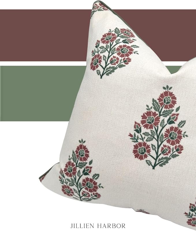 Jillien Harbor “The Sutton” Burgundy & Deep Green Floral Block Print Pillow Cover – Off-White Decorative Festive Throw Pillow Cover – Grandmillennial Home Decor, 20" x 20"