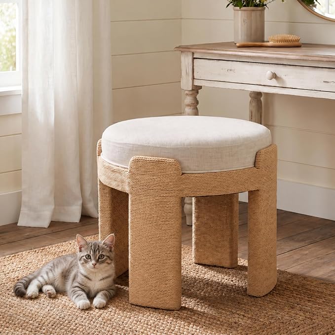 Round Vanity Chair, Boho Hand-Woven Rope Upholstered Accent Foot Stool Ottoman Fully Assembled for Bedroom Living Room Entryway, Beige Linen