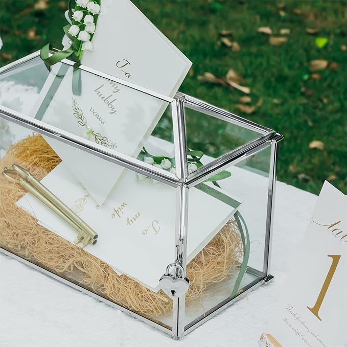 NCYP 12.6" x 5.9" x 9" Wedding Glass Cards Box with Slot and Lock, Thanks Card Holder for Keepsake, Envelops, Reception, Decorative, Silver (Glass Box Only) Slot Length 7.3 Inches