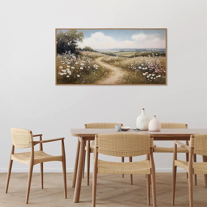 Rantodecor Rustic French Country Framed Canvas Wall Art, Vintage Flower Field Wall Decor, Calming Nature Landscape Art Paintings, Modern Wildflower Artwork for Farmhouse Bedroom Living Room 40"x20"