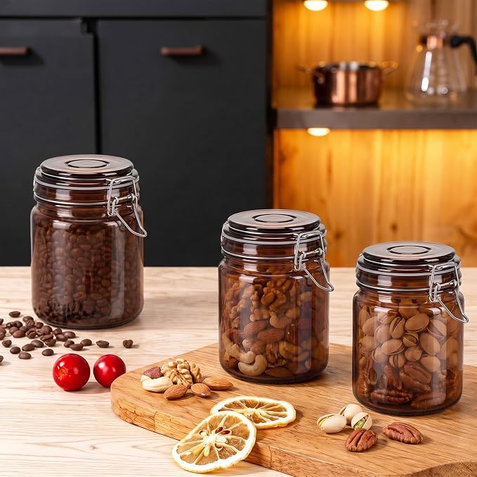 Norme 6 Pack 16oz Amber Airtight Glass Jars with Lids, Cylinder Food Storage Container Airtight Food Wire Clip Fastening for Sauerkraut Flour Kitchen Sugar Cereal Kitchen Canning Pickling Mason Jars