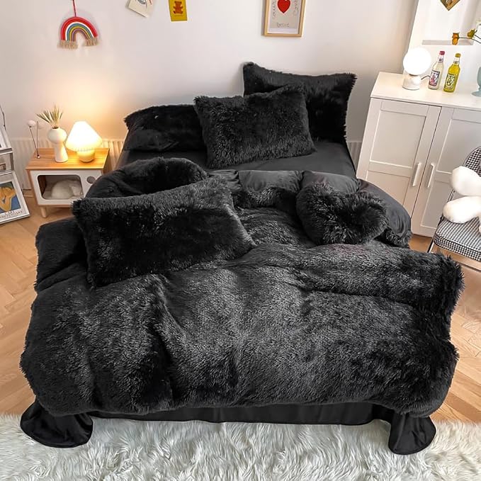 chovy Faux Fur Plush Black Comforter Sets King - Ultra Soft Shaggy Flannel Velvet Fluffy Fuzzy 3PC Bedding Set （Comforter x 1 Pillowcases x 2）