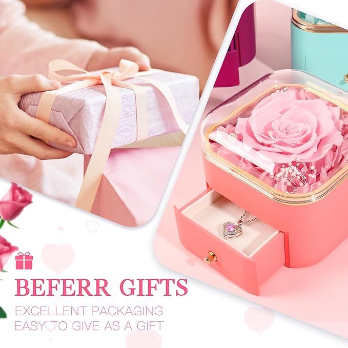 Beferr Gifts for Mom Preserved Real Rose with Necklace Eternal Roses Forever Flowers for Delivery Christmas Anniversary Birthday Mothers Day Flower Gifts for Women Her Grandma Wife Daughter Girlfriend