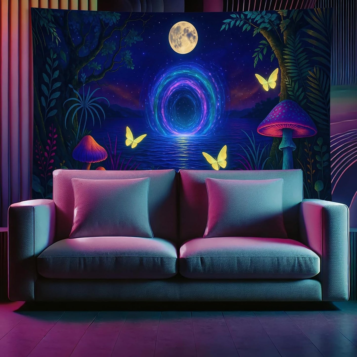 Starlit Patio Glowing Mushrooms Blacklight Tapestry UV Reactive Wall Hanging Psychedelic Portal Butterflies Moonlit Lake for Bedroom Dorm Living Room Fantasy Nature Decor Fluorescent Trippy Poster 78 x 59 Inch
